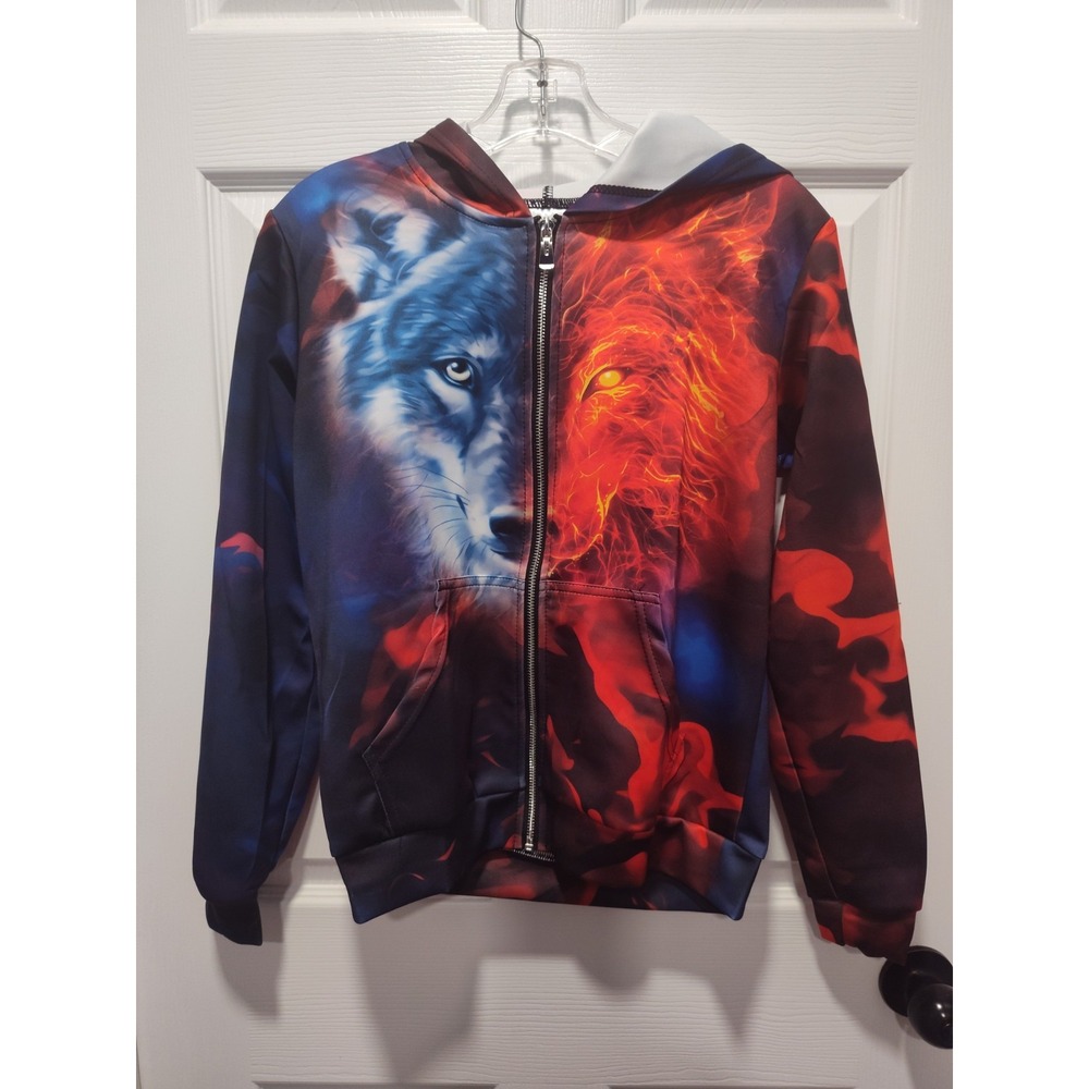 The Wolf 3D Kids Sz Medium All Over Print Wolf Kangaroo Pocket Hoodie New